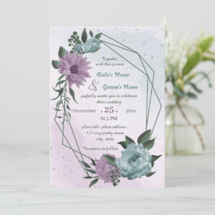 purple blue flowers geometric wedding invitation