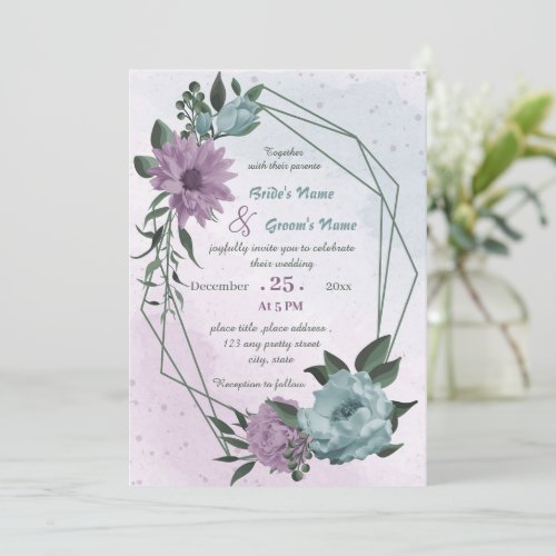 purple blue flowers geometric wedding  invitation