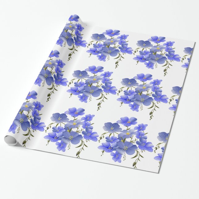 Purple Blue Flowers Pattern Wrapping Paper (Unrolled)