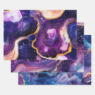 Purple Blue Fluid Geode Art with Gold Marble Wrapping Paper Sheets