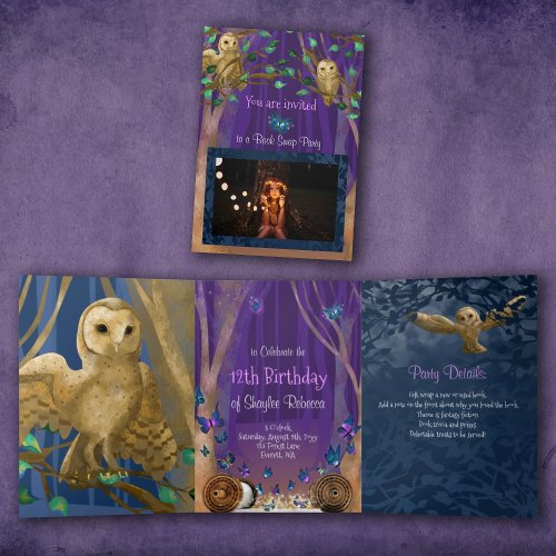 Purple Blue Forest Owls Butterflies Birthday Tri_Fold Invitation