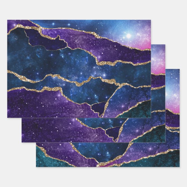 Purple & Blue Galaxy Agate with faux gold glitter Wrapping Paper Sheets (Set)