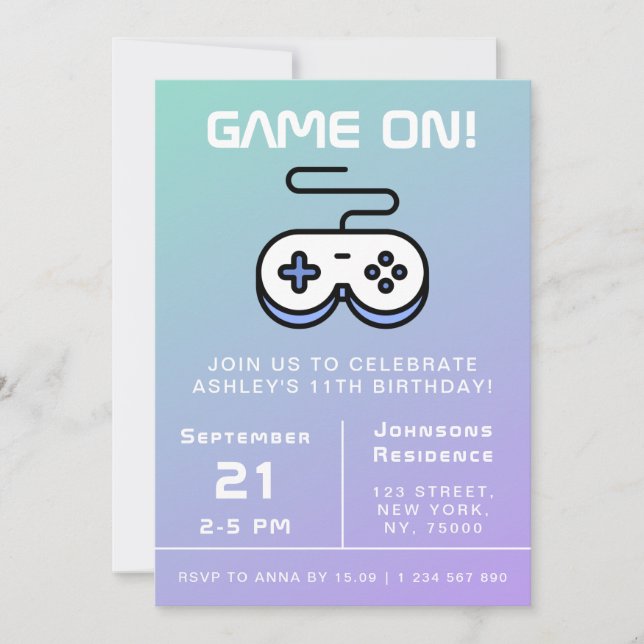 Purple Blue Game On Gamer Kids Birthday Party Fun Invitation (Front)