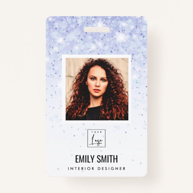 PURPLE BLUE GLITTER EMPLOYEE PHOTO BARCODE NAME BADGE (Front)