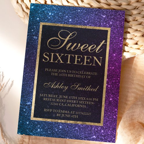Purple blue glitter gold elegant chic Sweet 16 Invitation