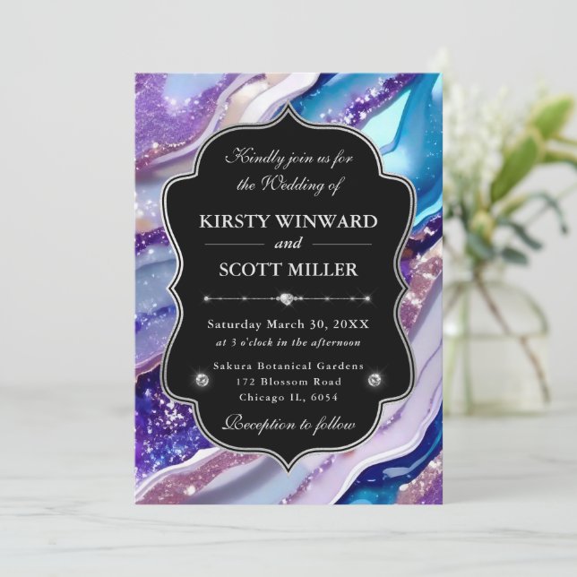 Purple Blue Glitter Marble Elegant Wedding Invitation (Standing Front)