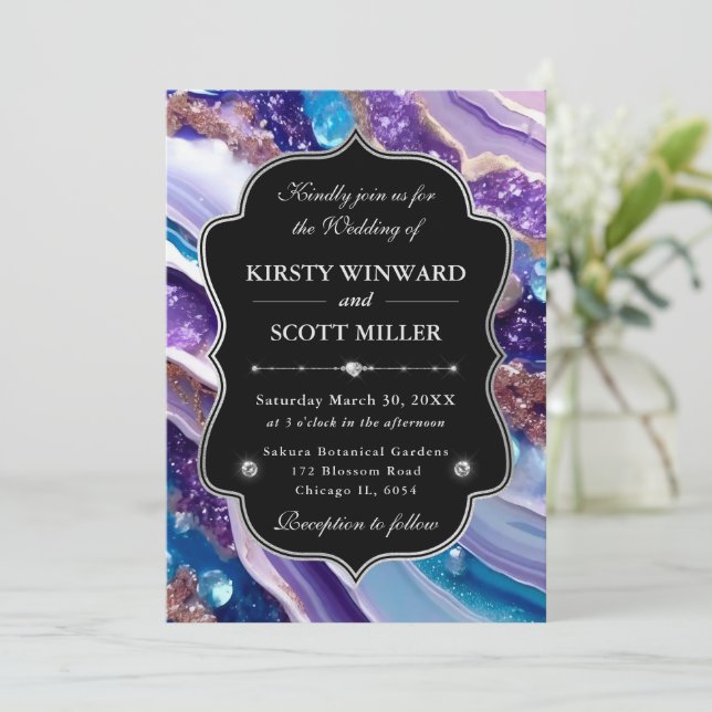 Purple Blue Glitter Marble Elegant Wedding Invitation (Standing Front)