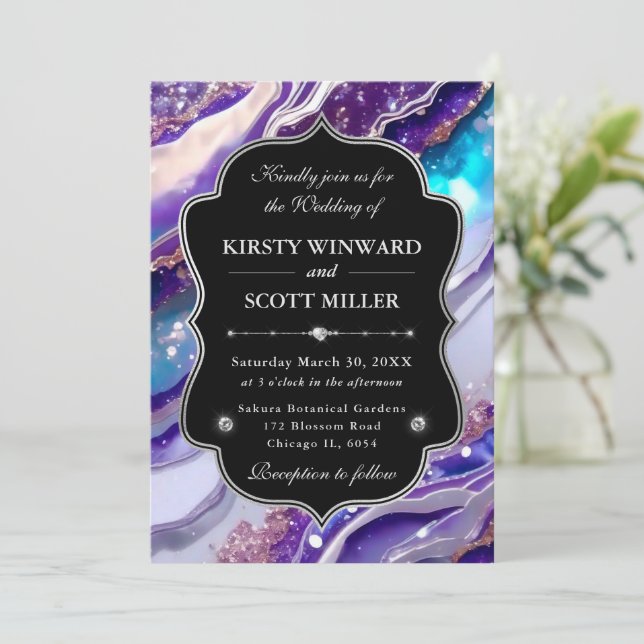 Purple Blue Glitter Marble Elegant Wedding Invitation (Standing Front)