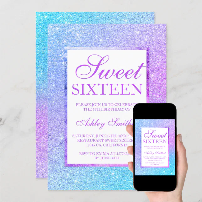 Purple blue glitter mermaid elegant chic Sweet 16 Invitation | Zazzle