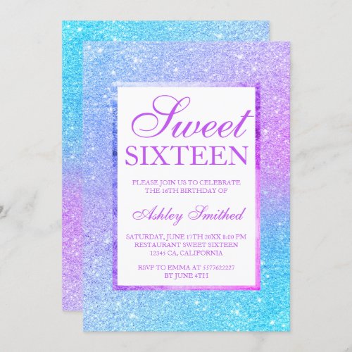 Purple blue glitter mermaid elegant chic Sweet 16 Invitation