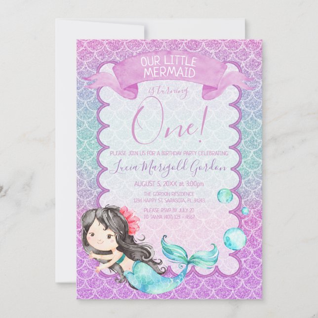 Purple Blue Glitter Mermaid First Birthday Party Invitation (Front)