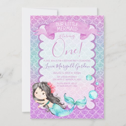 Purple Blue Glitter Mermaid First Birthday Party Invitation