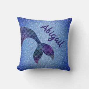 Purple Blue Glitter Mermaid Tail Custom Name Throw Pillow