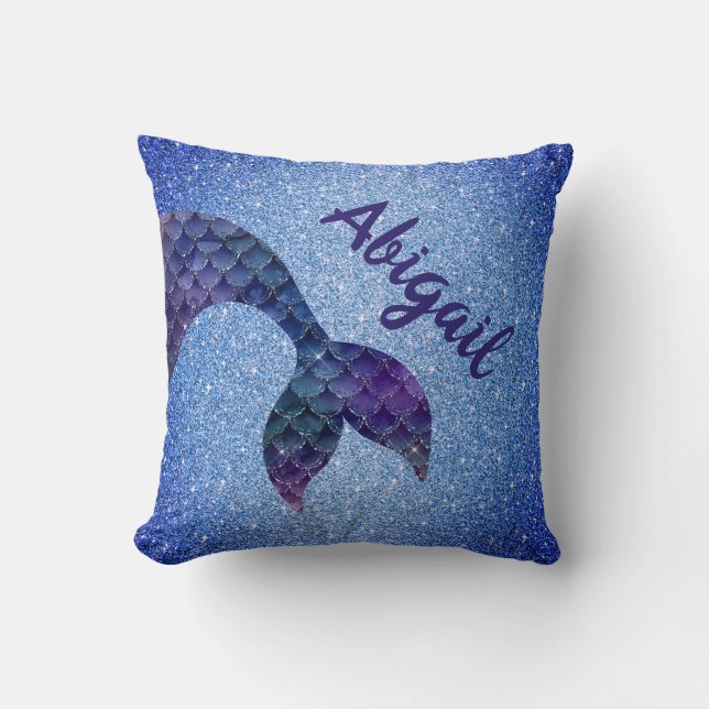 Purple Blue Glitter Mermaid Tail Custom Name Throw Pillow (Front)