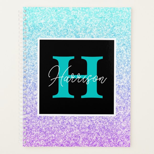 Purple & Blue Glitter Monogram Name Personalized  Planner (Front)
