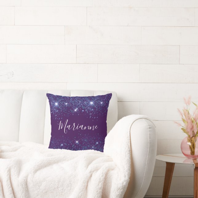 Purple blue glitter monogram name script throw pillow (Couch)