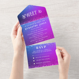 Purple Blue Glitter Sparkle Modern Sweet 16 All In One Invitation