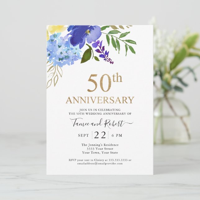 Purple Blue Gold 50th Wedding Invitation (Standing Front)