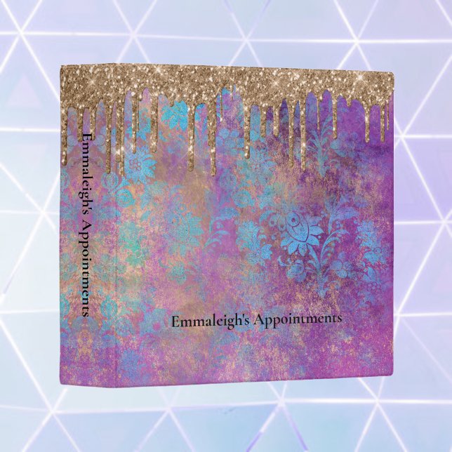 Purple Blue Gold Abstract Glitter Drip 3 Ring Binder (Creator Uploaded)