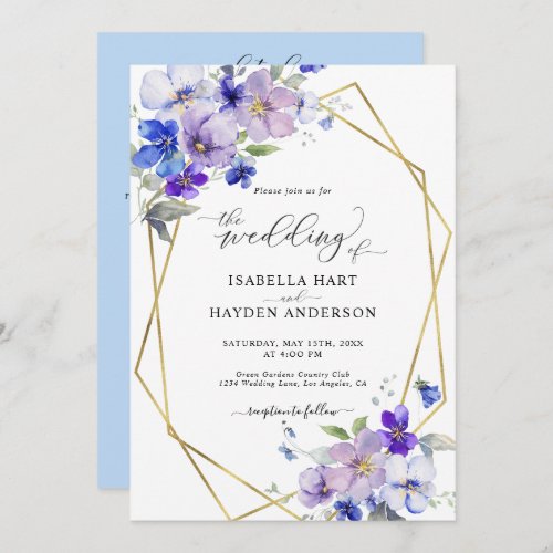 Purple Blue Gold Floral All In 1 QR Code Wedding Invitation