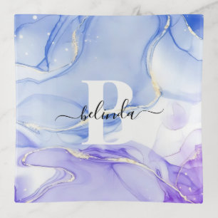Purple Blue Gold Fluid Marble Name Monogram Trinket Tray