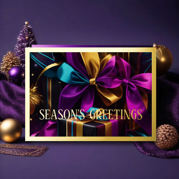 Purple Blue Gold Gifts Season's Greetings Holiday Card by TailoredType at Zazzle