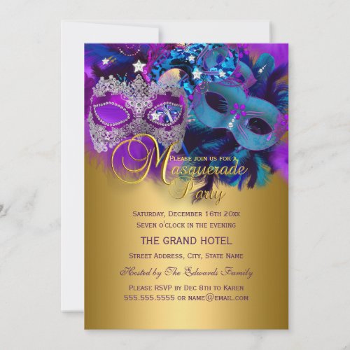 Purple Blue  Gold Masks Masquerade Party Invite