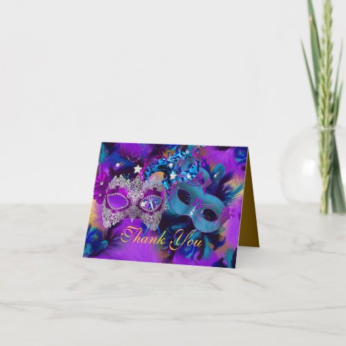 Purple Blue  Gold Masks Masquerade Thank You Card