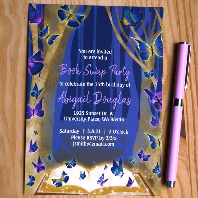 Purple, Blue, Gold Sparkles Magical Forest Invitation (Blue and purple enchanted forest book swap birthday party, magical book and butterflies)