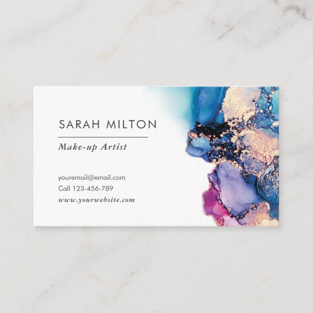 Purple blue gold watercolor ink business card (Front)