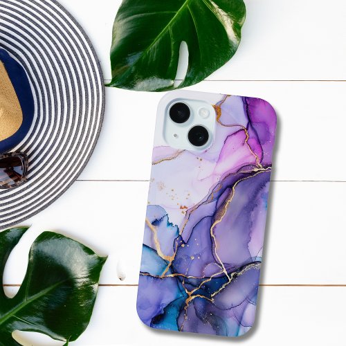 Purple Blue Gold Watercolor Marble Alcohol Ink iPhone 15 Case
