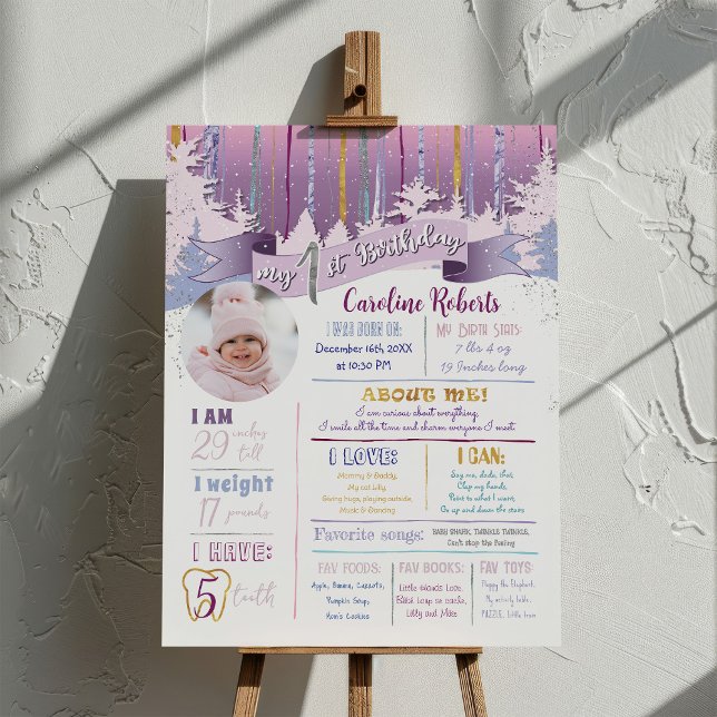 Purple Blue Gold Winter First Birthday Stats Photo Foam Board (Creator Uploaded)