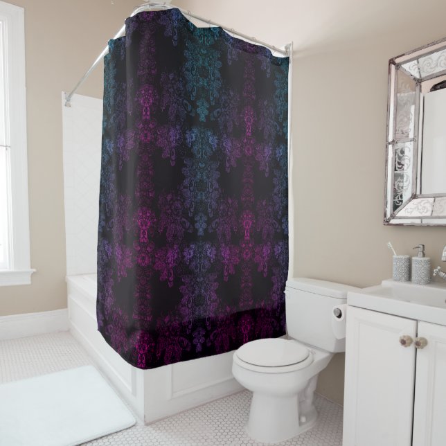 Purple Blue Gradient on Black Baroque Floral Shower Curtain (In Situ)
