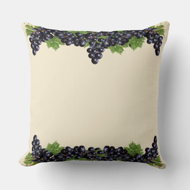 Purple Blue Grapes & Leaves on Champagne Beige Throw Pillow (Front)