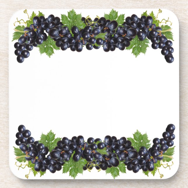 Purple Blue Grapes with Green Leaves on White Beverage Coaster (Front)