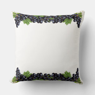Purple Blue Grapes with Green Leaves on White Throw Pillow