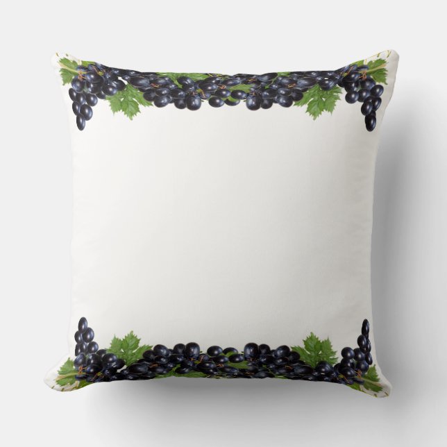 Purple Blue Grapes with Green Leaves on White Throw Pillow (Front)