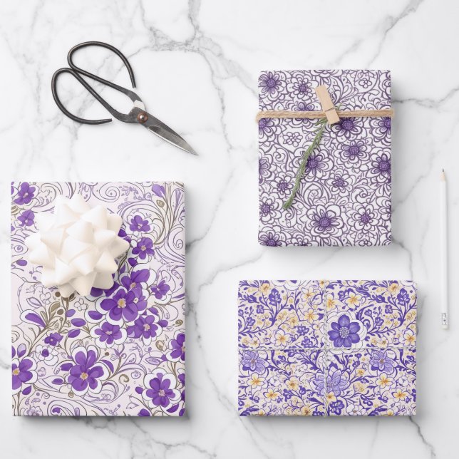 Purple Blue Gray Flora Modern Art Wrapping Paper  (Front)
