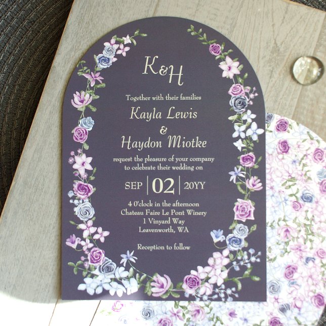 Purple Blue Gray Rose Garden Arches Canopy Wedding Invitation (modern arched slate gray lavender lilac blue purple roses boho wedding invitations, blue-gray solid)