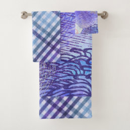 Purple Blue Green Abstract Watercolor Retro Checks Bath Towel Set