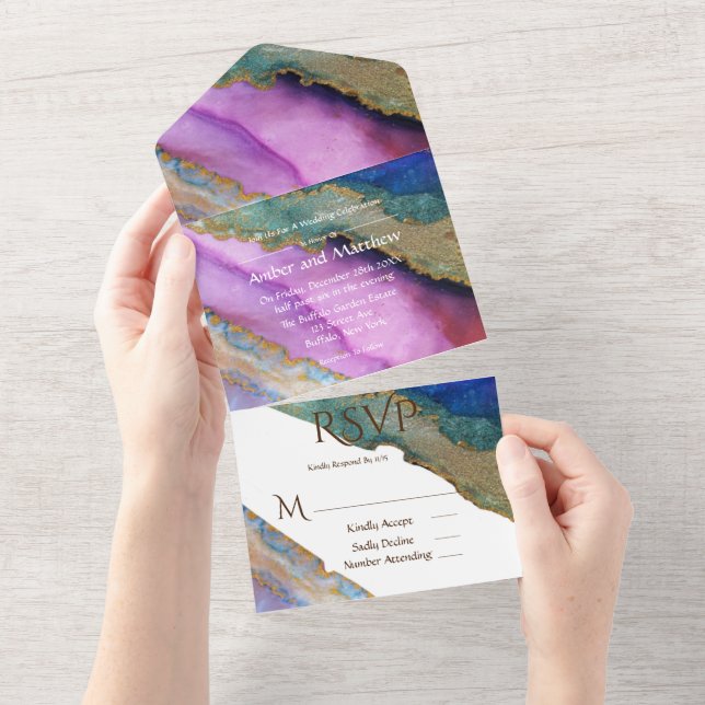 Purple Blue Green Alcohol Ink Wedding  All In One Invitation (Tearaway)