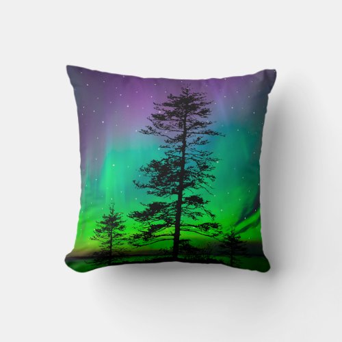 Purple Blue Green Aurora Galaxy Stars Trees Throw Pillow