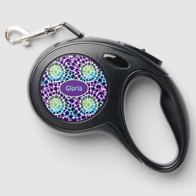 Purple Blue Green Boho Tie-Dye Pattern  Retractable Pet Leash (Front)