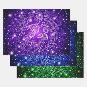 Purple Blue & Green Celestial Swirls Pattern Wrapping Paper Sheets
