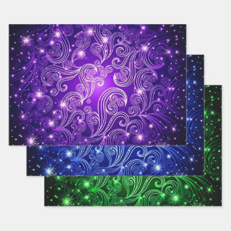 Purple Blue & Green Celestial Swirls Pattern Wrapping Paper Sheets