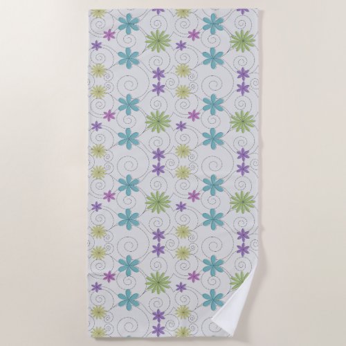 Purple Blue  Green Daisies  Swirls Beach Towel