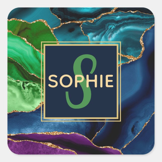 Purple, Blue & Green Faux Gold Glitter Agate Square Sticker (Front)