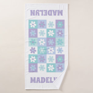 Purple Blue Groovy Daisy Checkerboard Bath Towel