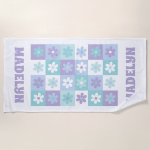 Purple Blue Groovy Daisy Checkerboard Beach Towel