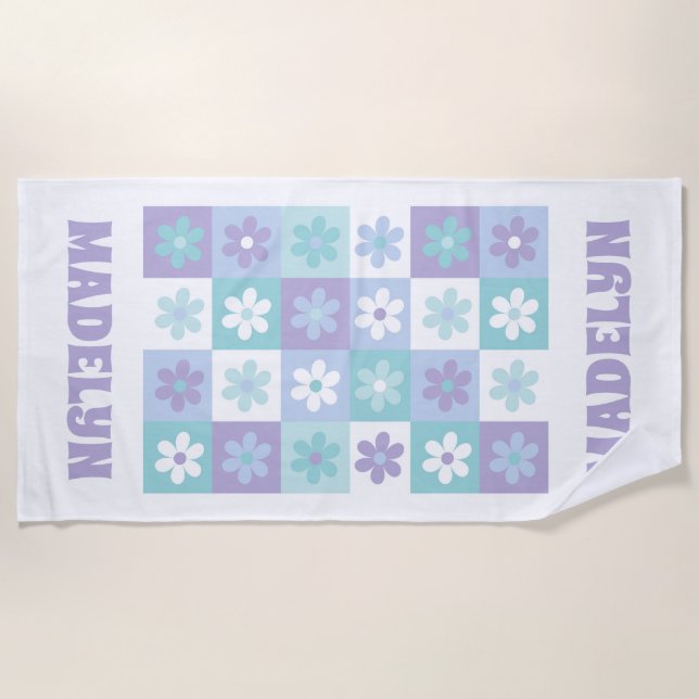 Purple Blue Groovy Daisy Checkerboard Beach Towel (Front)